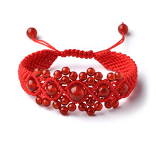 天然紅瑪瑙紅繩手編花開富貴手鏈 民族風精致 情侶閨蜜時尚飾品