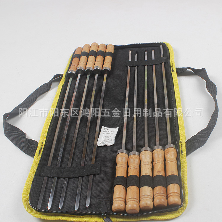 Los fabricantes suministran pinchos de acero inoxidable aguja de barbacoa antiquemaduras mango de madera pinchos de barbacoa 10 directrices barbacoa palo barbacoa tenedor