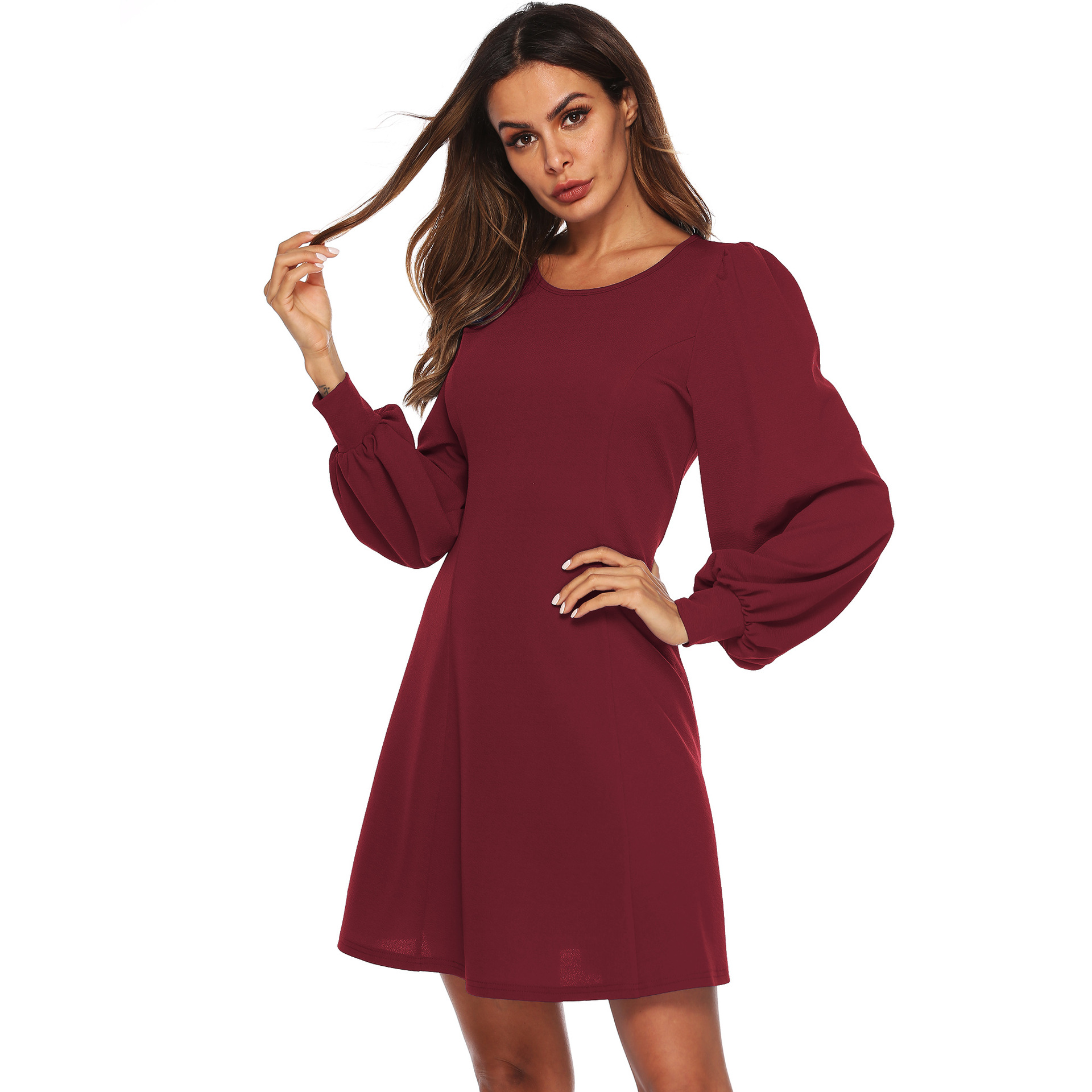 Womens A Line Dress Loose Lantern Sleeves Fashionable Minimalist Design Autumn Winter Style OEM Available