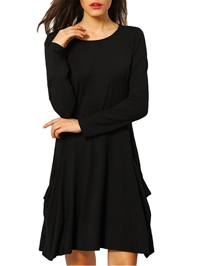Loose A Line Dress with Large Pockets Long Sleeve Round Neck Spring Fashion Wholesale Available