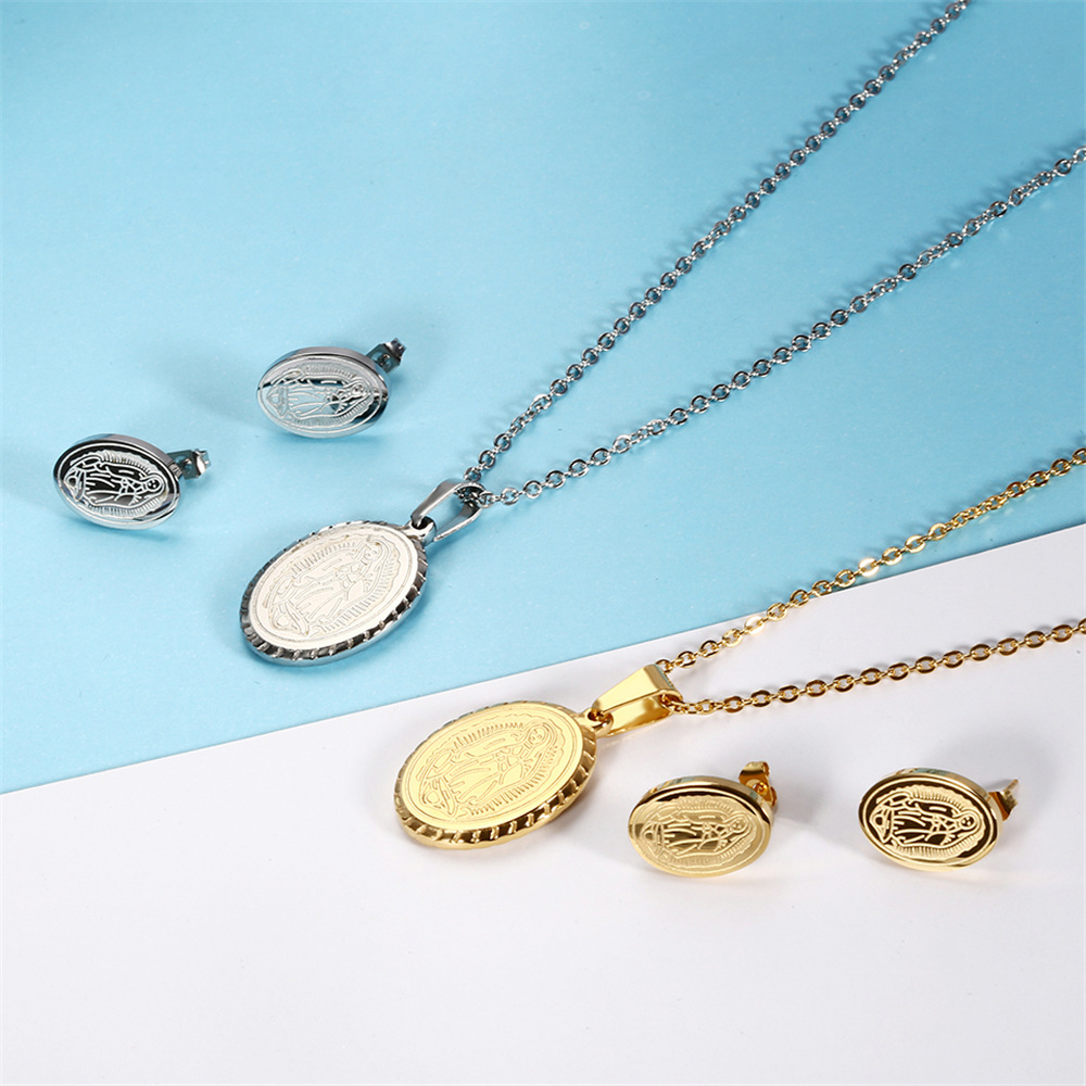 fashion titanium steel Virgin Mary oval pendent necklace earrings set wholesale Nihaojewelry