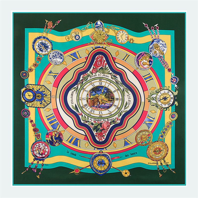 Neue Art Und Weise Seidenschal Twill Nachahmung Seide 130cm Großer Quadratischer Schal Römischer Uhrdruck Schalschal display picture 2