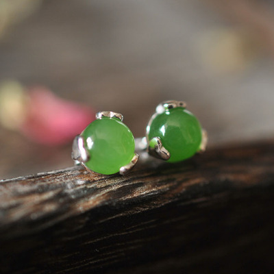 天然俄罗斯和田碧玉耳钉 冰底水料 无黑透光纯银耳钉小巧饰品耳饰