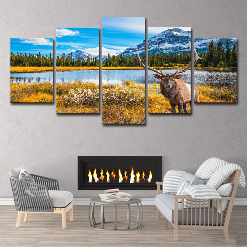 Cross border lazada AliExpress 5 panel animal deer frame modular living room bedroom art oil painting decoration