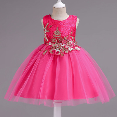 跨境货源ins平台儿童礼服女童刺绣花网纱公主裙蓬蓬演出服速卖通|ru