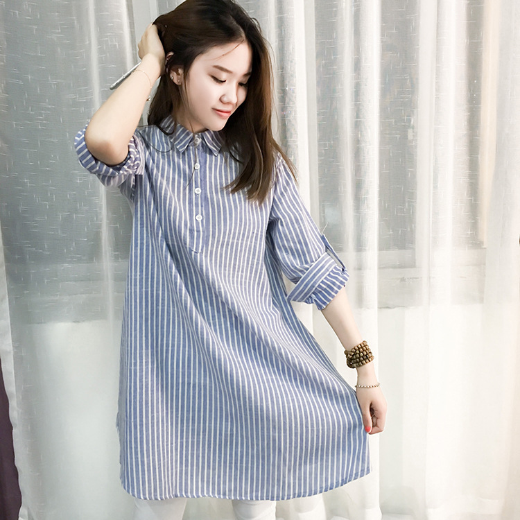 Real shot Spring and Autumn large size fat mm long vertical striped shirt pregnant women's dress shirt dress 200kg