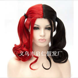 自杀队哈雷奎因假发黑色红头发卷曲马尾辩 化纤假发头套 Wig