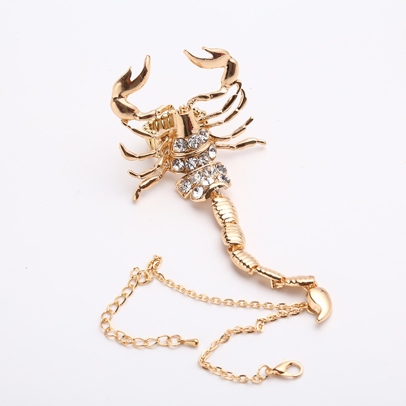 夸张个性合金镶钻蝎子手戒手链戒指一体 颜色->金色