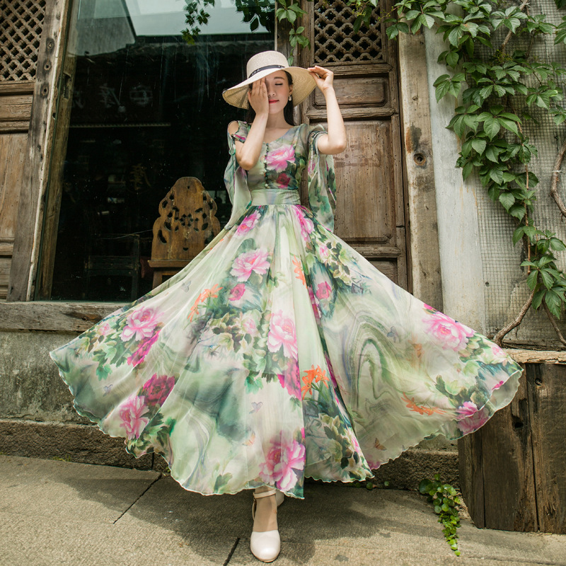 Womens Lady Boho Sleeve Floral Long Maxi Summer Beach Dress Sundress Big  Swing | eBay