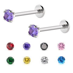European and American fashionable titanium steel round cake straight barbell four-claw colored zircon tongue nail lip nail ear bone nail titanium steel piercing jewelry