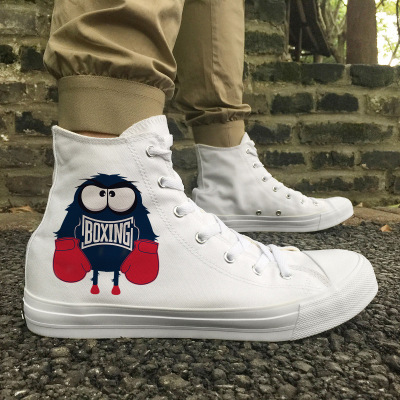 Wen 春秋季青春小白鞋男女板鞋拳擊小魔怪學生鞋黑色高幫帆布鞋