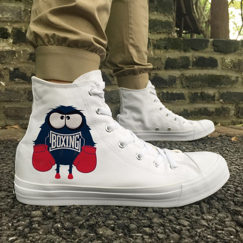 Wen 春秋季青春小白鞋男女板鞋拳擊小魔怪學生鞋黑色高幫帆布鞋