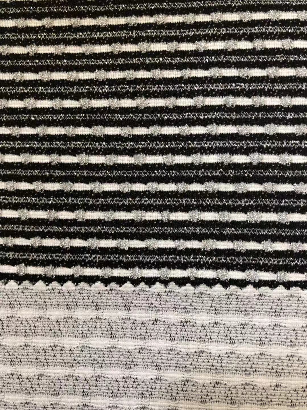 供应针织细针提花 横条纹金银丝提花面料 毛衫提花面料