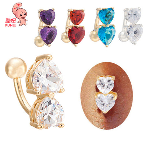 Factory direct sales of pierced navel jewelry, European and American personalized heart-shaped navel ring, double love zircon navel nail navel ring wholesale