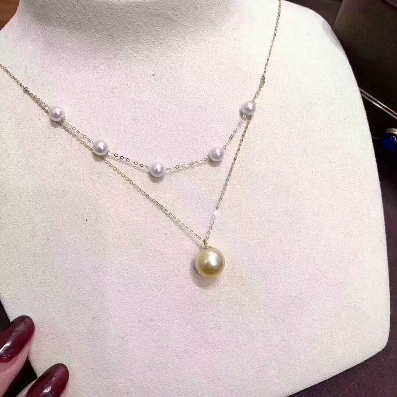 海心珠宝锁骨感官链天然色18k黄金链子3.5-4akoya和10-11南洋金珠