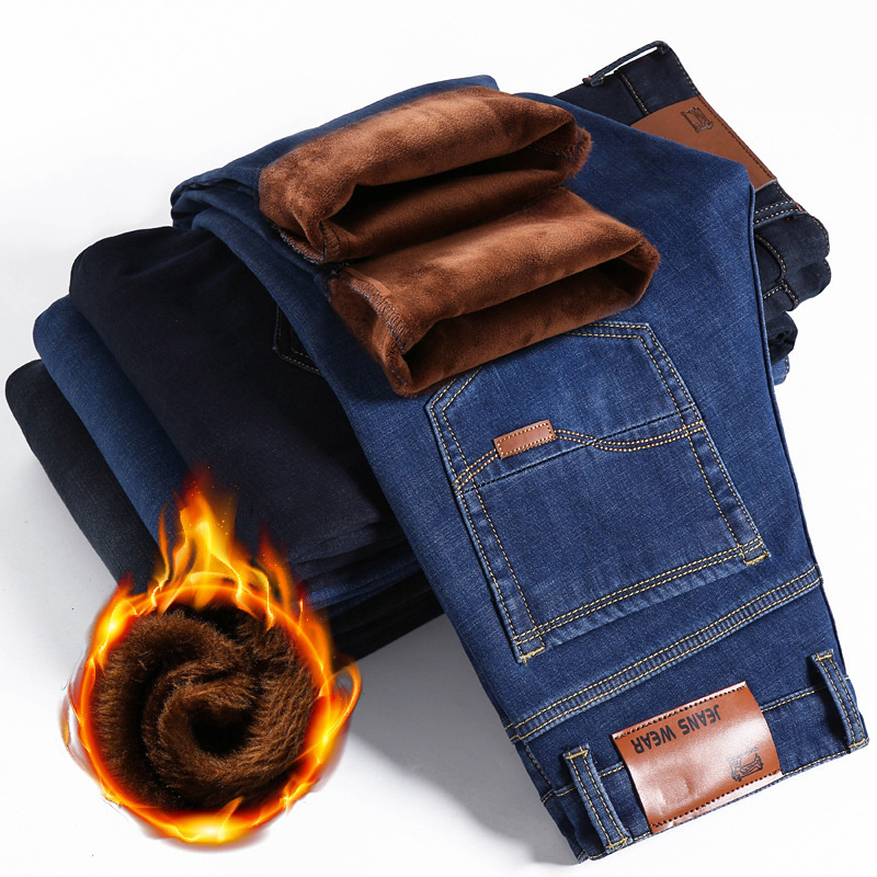 Winter Thickened Youth Men's fleece-lined Jeans Elastic Straight Warm Fleece Slim-Fit Trousers Business Casual Men
