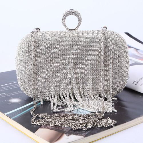 Evening bags Europe and the United States cross-border diamond tassel pure handmade rhinestone rings evening wear crossbody clutch bag custom wholesale