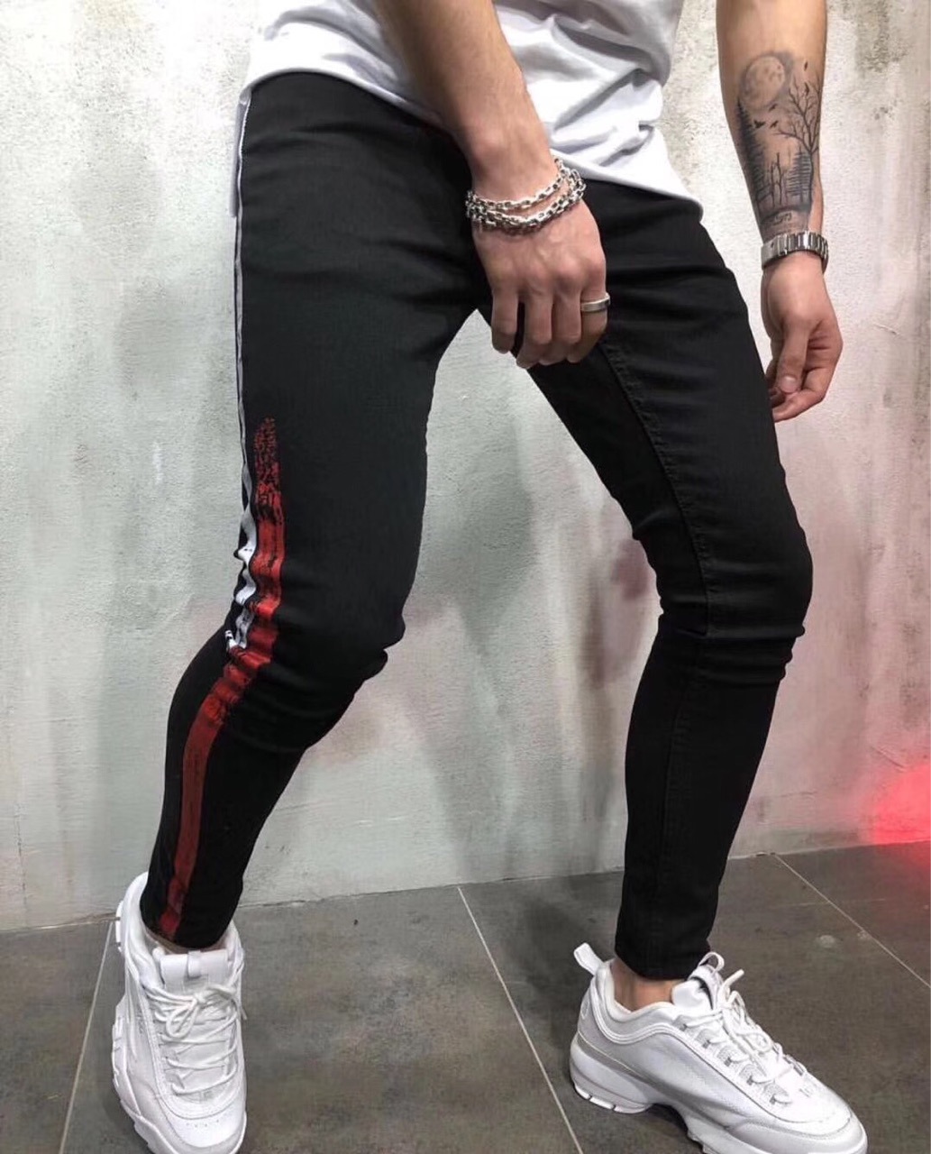 Discount New Mens Jeans Men Designer Skinny Ripped Red Stripes Pants ...