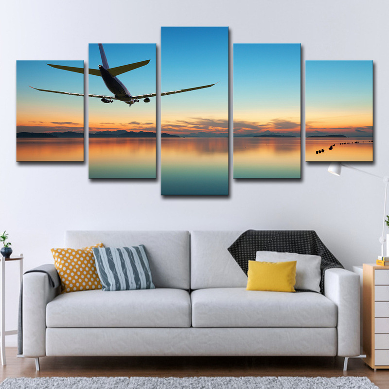 Cross-border wish Aliexpress5 pieces canvas art airplane Sunset Photo Wall living room home decoration Cross-border wish Aliexpress5 pieces canvas art airplane Sunset Photo Wall living room home decoration