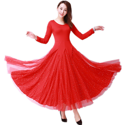 Women Girls red  Ballroom Waltz Dancing Dresses Tango Foxtrot Smooth Rhythm dance long Dance Skirts full-skirted dress waltz skirt gown for female