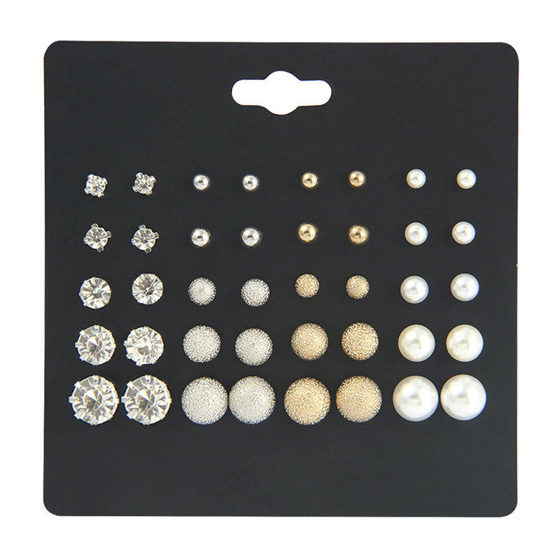 Simple Pearl Earrings Six-claw Zircon Inlaid Diamond Pearl Geometric Earrings 20 Pairs Set display picture 12