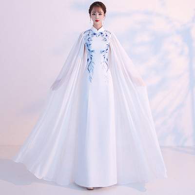 Women Chinese dress chite qipao dress singers performance Cheongsam white chorus retro dress Dress Embroidery show cheongsam