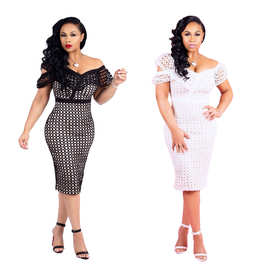 2018亚马逊标准码 夏季黑白两色网眼网布拼接时尚性感连衣裙