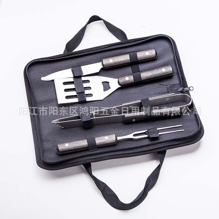 BBQ4-piece mango de madera herramientas de barbacoa bolsa de tela de acero inoxidable para hornear suministros para acampar al aire libre combinación para hornear herramientas traje