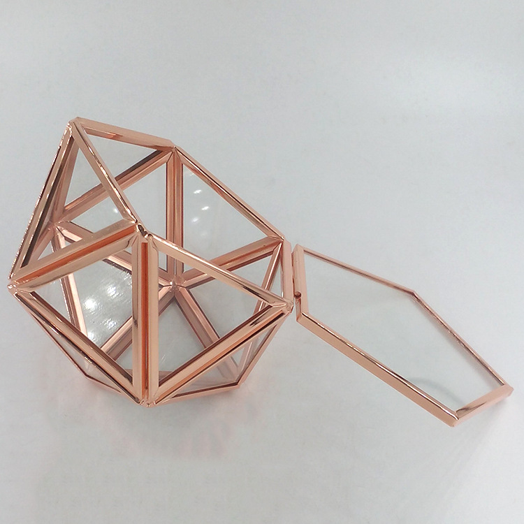 珠宝盒电咏加工玫瑰金首饰电咏厂镀金多边形玻璃盒电咏玫瑰金加工