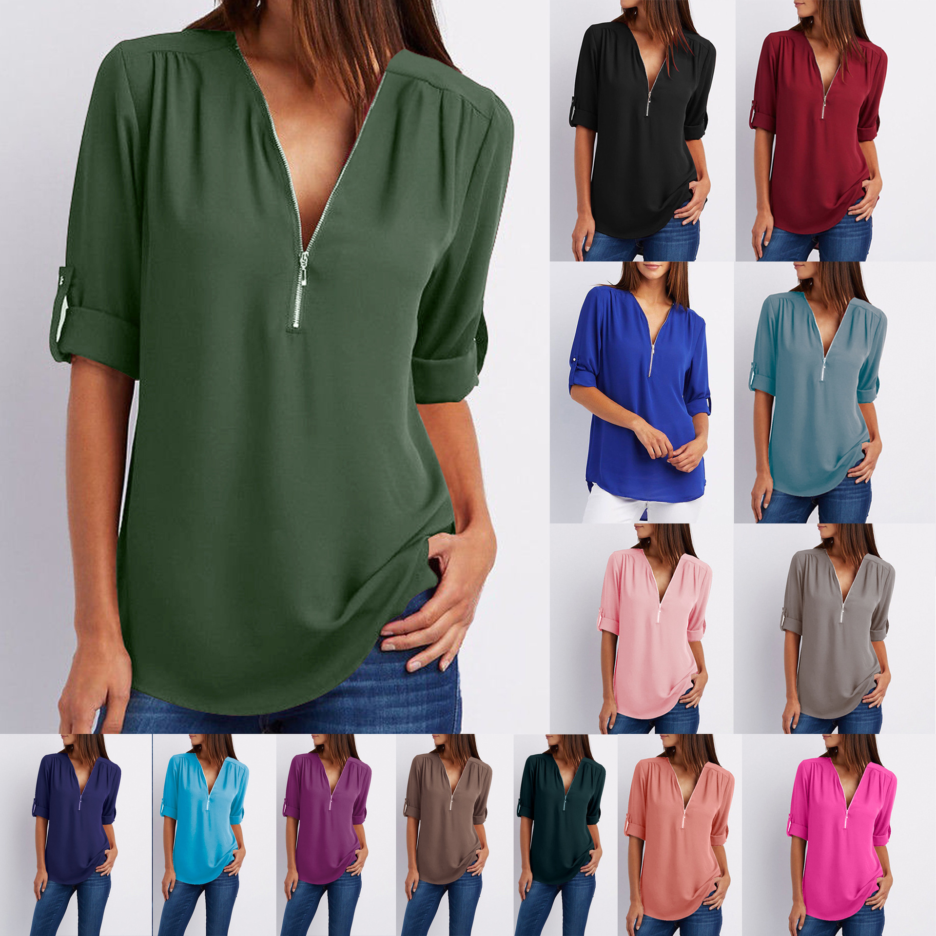 V-neck Zipper Plus Size Women's Long-sleeved Loose Chiffon Shirt