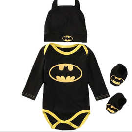 外贸新款蝙蝠侠三角爬服+帽子+脚套三件套 儿童爬服套装婴儿服