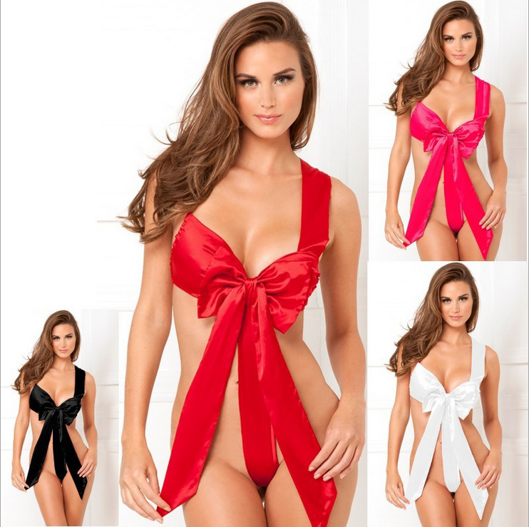 Christmas Bow Three-Point Jumpsuit, Open-Cup Lingerie, Satin Polyester, Black One Size — detail image 1