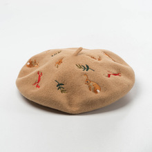 韩版秋冬新款森系兔子松鼠树叶刺绣羊毛呢贝雷帽画家帽毛呢帽子