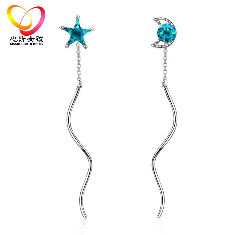 气质不对称耳环耳饰小清新学生日韩蔚蓝色长款星星月亮波浪耳线耳