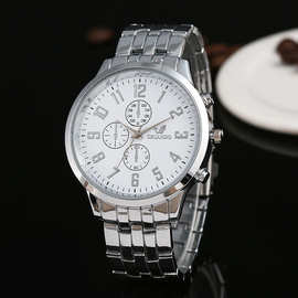三眼银壳钢带手表 外贸数字石英腕表 礼品钢带手表钢表