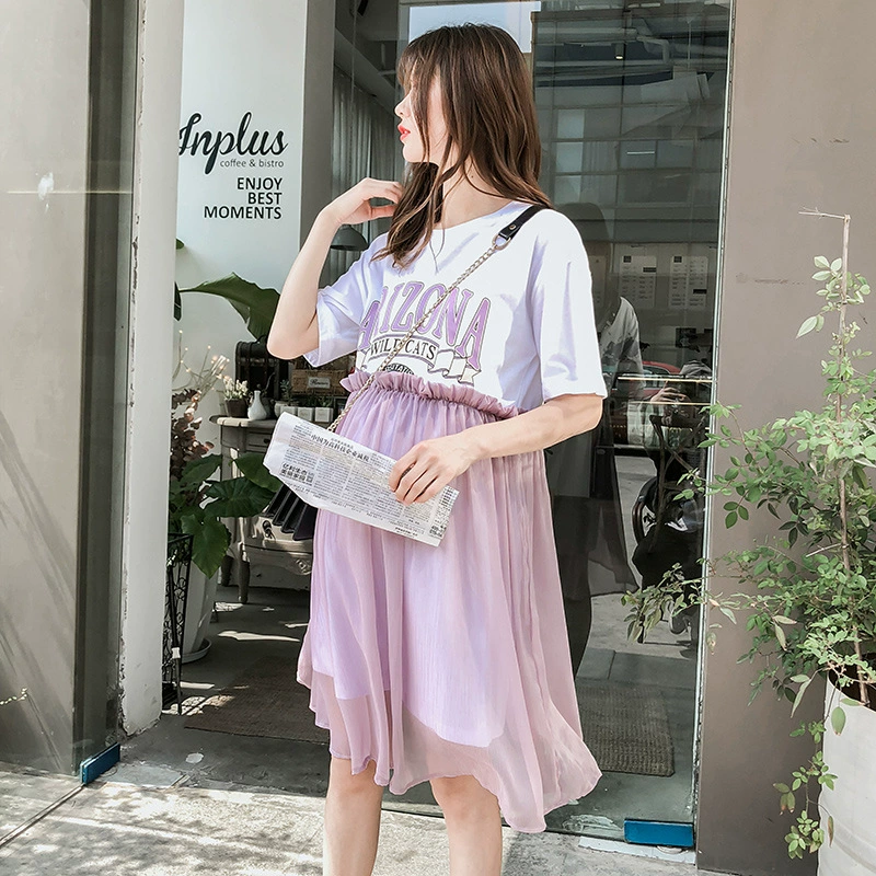 Летние платья материнства корейский стиль свободные беременных женщин юбка с пряжей юбка платье плюс размер письмо с коротким рукавом Топ Модные мамы платье