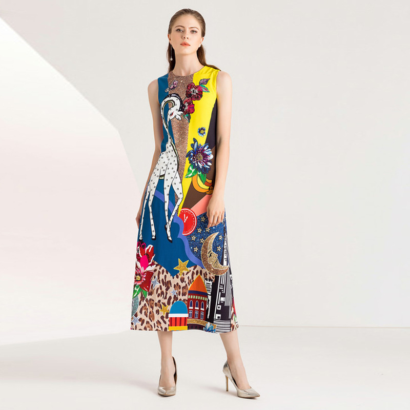 2019春夏新款重工镶钻钉珠亮片长颈鹿花朵定位印花无袖高腰连衣裙|ru