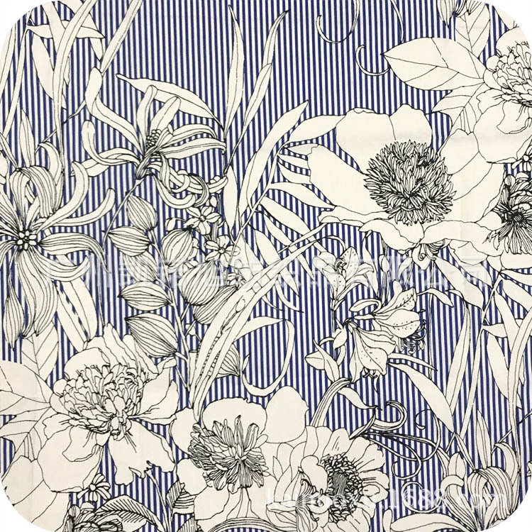 女装连衣裙印花布 白描花条纹 衬衫印花面料 全棉平纹印花 白牡丹