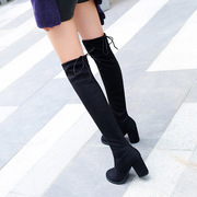 2018新款冬季及膝靴子女粗跟长靴瘦腿绒面弹力靴长筒靴高跟过膝靴