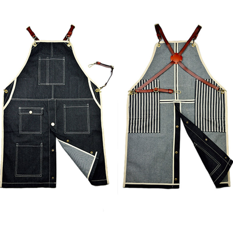 黑色牛仔圍裙背X皮革理發(fā)師花店木匠紋身咖啡師工作制服