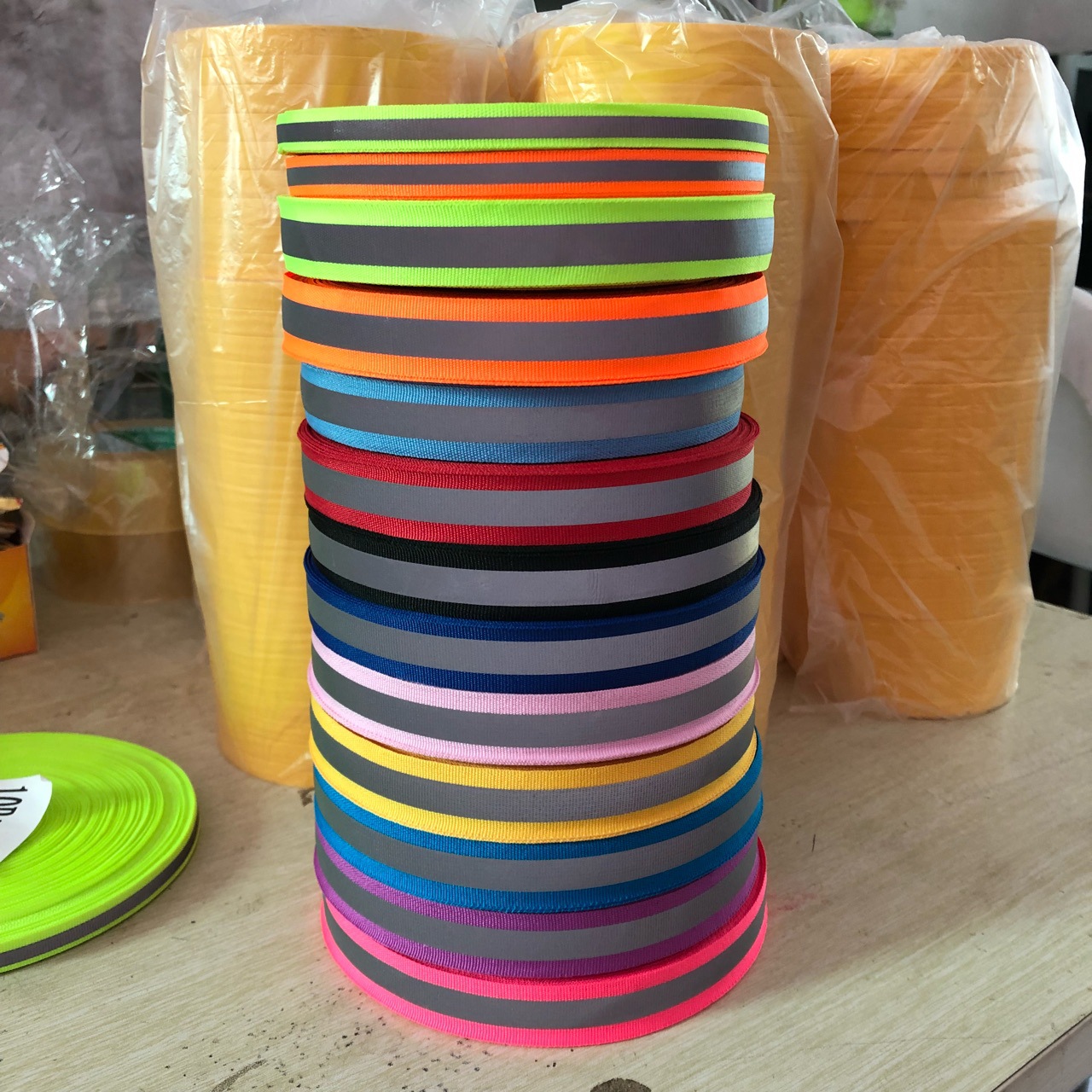 荧光绿反光织带桔红反光带高亮度2厘米书包反光条背包带现货供应