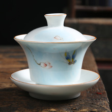 手繪德化白瓷三才蓋碗陶瓷功夫茶具配件單品敬茶碗泡茶碗LOGO