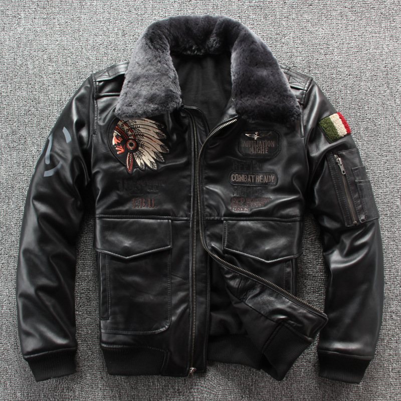 10132007707 617227679 2019 New Men Embroidery Indian Skull Air force flight A1 Pilot Sheepskin Jacket Casual Wool collar Real leather jacket S-XXXL