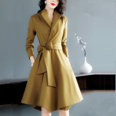 2019 new pattern Autumn Korean Edition Long sleeve Dress Mid length version temperament Waist Pendulum Solid Cotton and hemp skirt