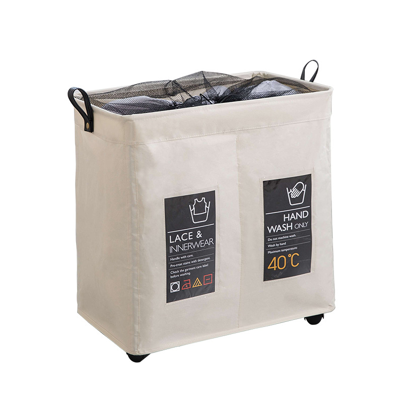 衣物可折叠储物箱 双格网布衣物收纳筐 带轮子合金框架置物篮束口