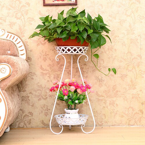 78# Wholesale Iron Flower Stand Indoor Double Layer Multi-functional Floor-standing Balcony Planter Shelf Multi-level Flower Stand