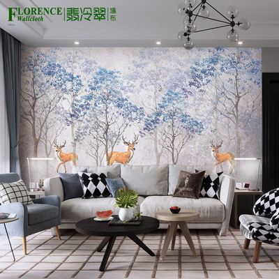 现代壁画现代简约抽象森林树鹿沙发电视背景画大型无缝贴画无纺布|ru