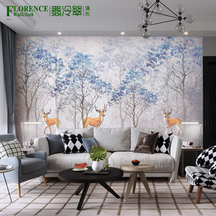 现代壁画现代简约抽象森林树鹿沙发电视背景画大型无缝贴画无纺布|ru