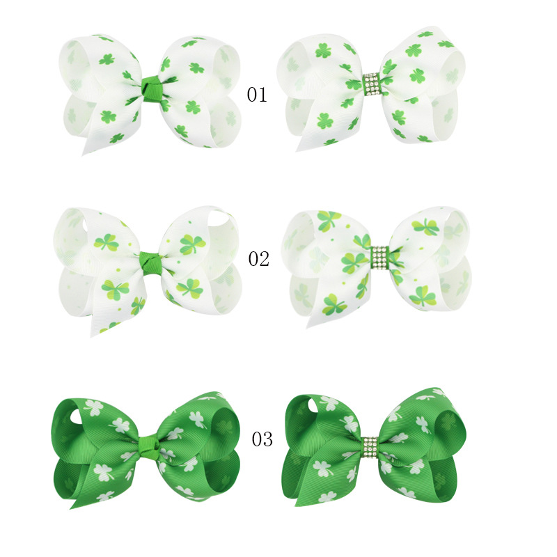 Girl's Pastoral Shamrock Cloth Printing Handmade Bowknot Hair Clip display picture 1