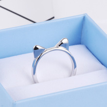 韩国版创意猫耳朵镀白金开口情侣戒指可爱猫咪形活口S925银女戒
